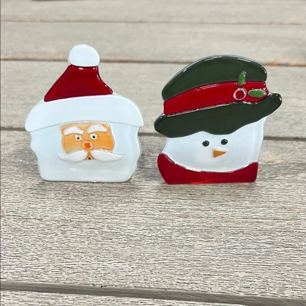 Festive Santa and Snowman Glass Partylite Tea Light Candle Holders